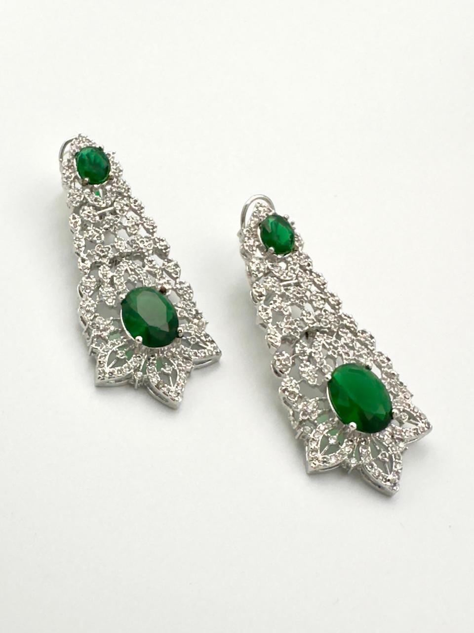 Silver Plated CZ Stone Emerald Green Earrings - Elegant Drop Dangle Jewelry for Women