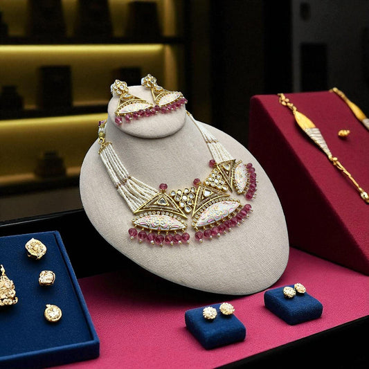 Kundan Set Gold Plated with Meena Work Fig Pink / Anar Color
