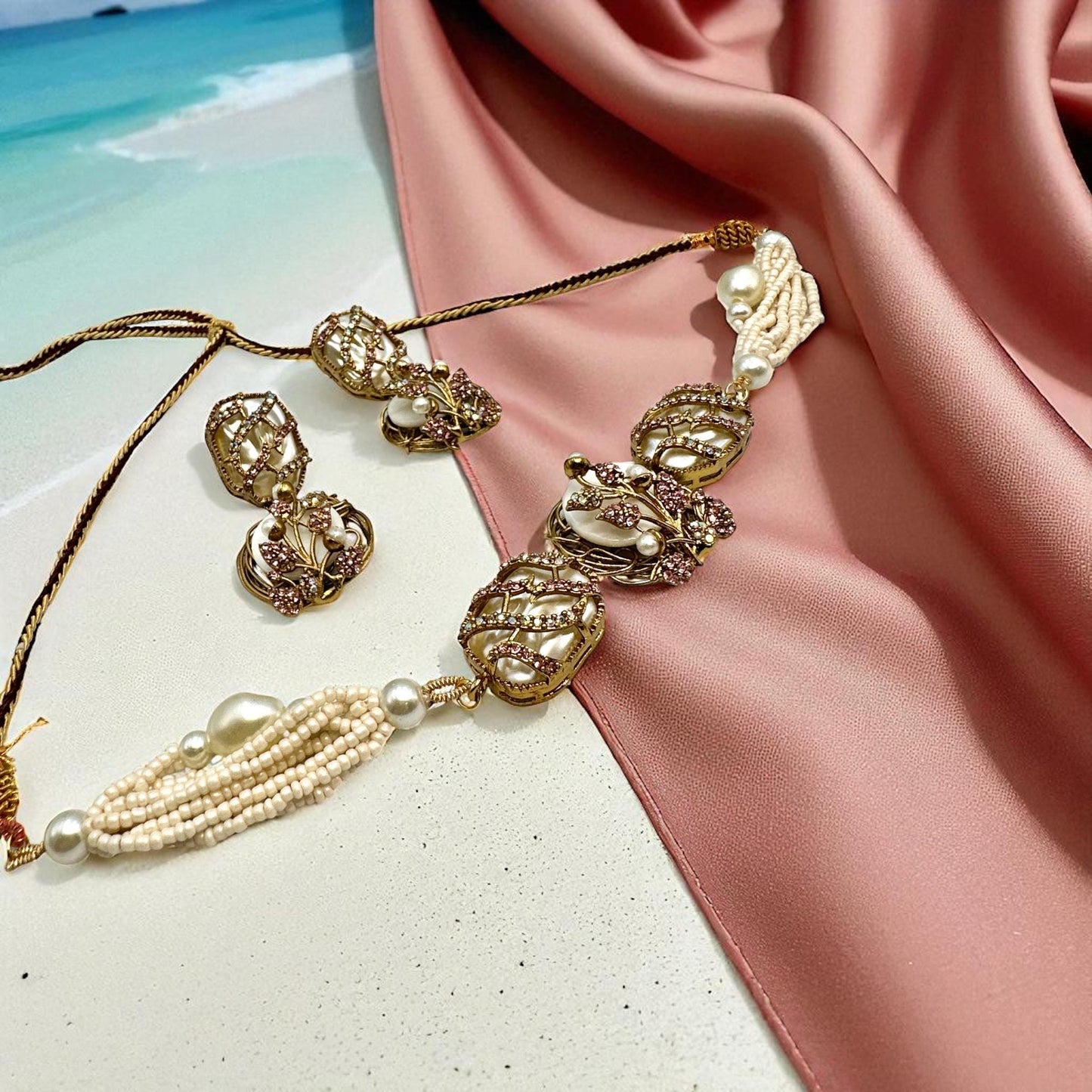 Bollywood ethnic Indian designer choker set antique gold finish mother of pearl