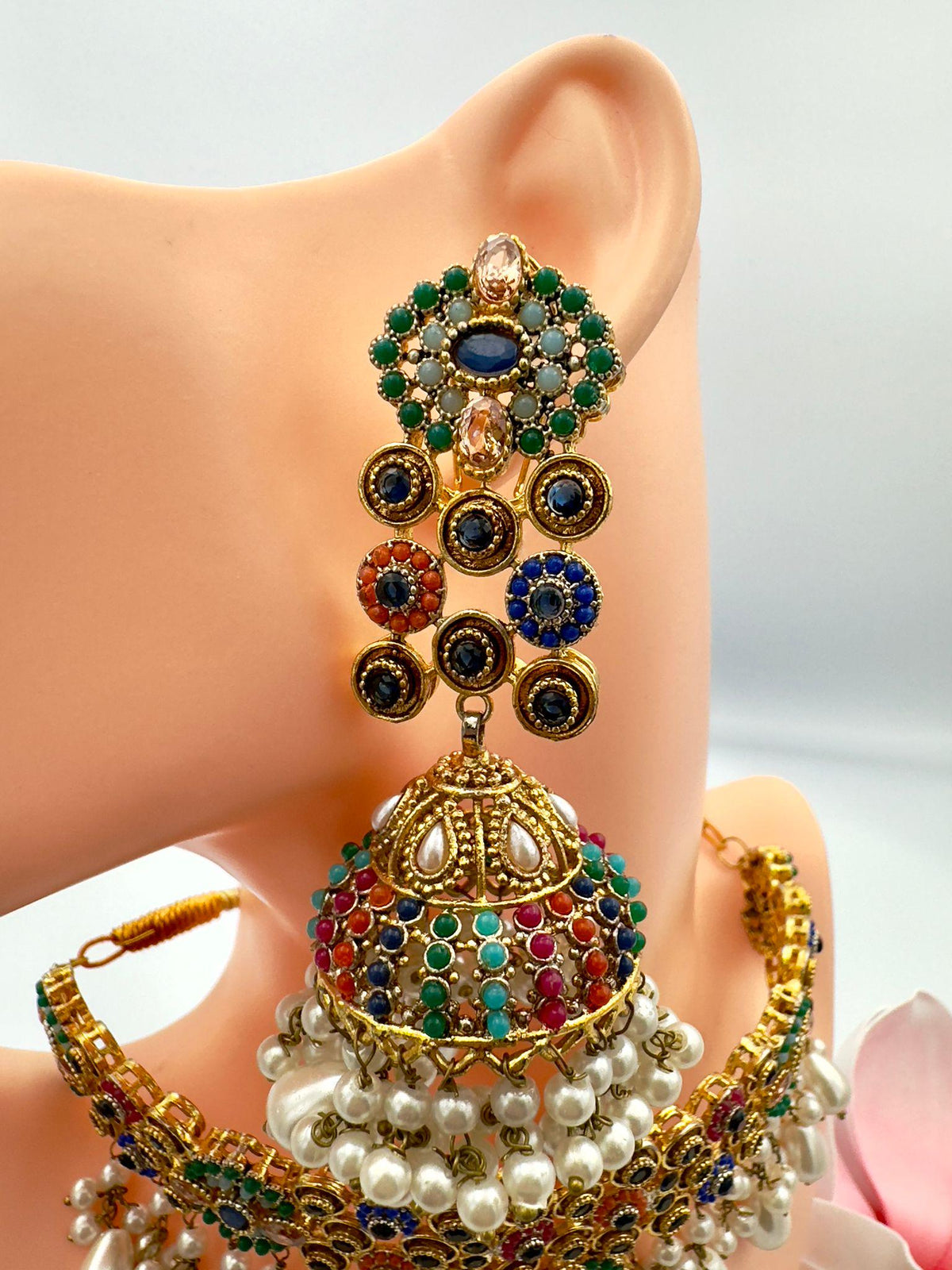Gold-Plated Indian Jhumka Necklace Earring Set, Multicolor Stones & Pearls