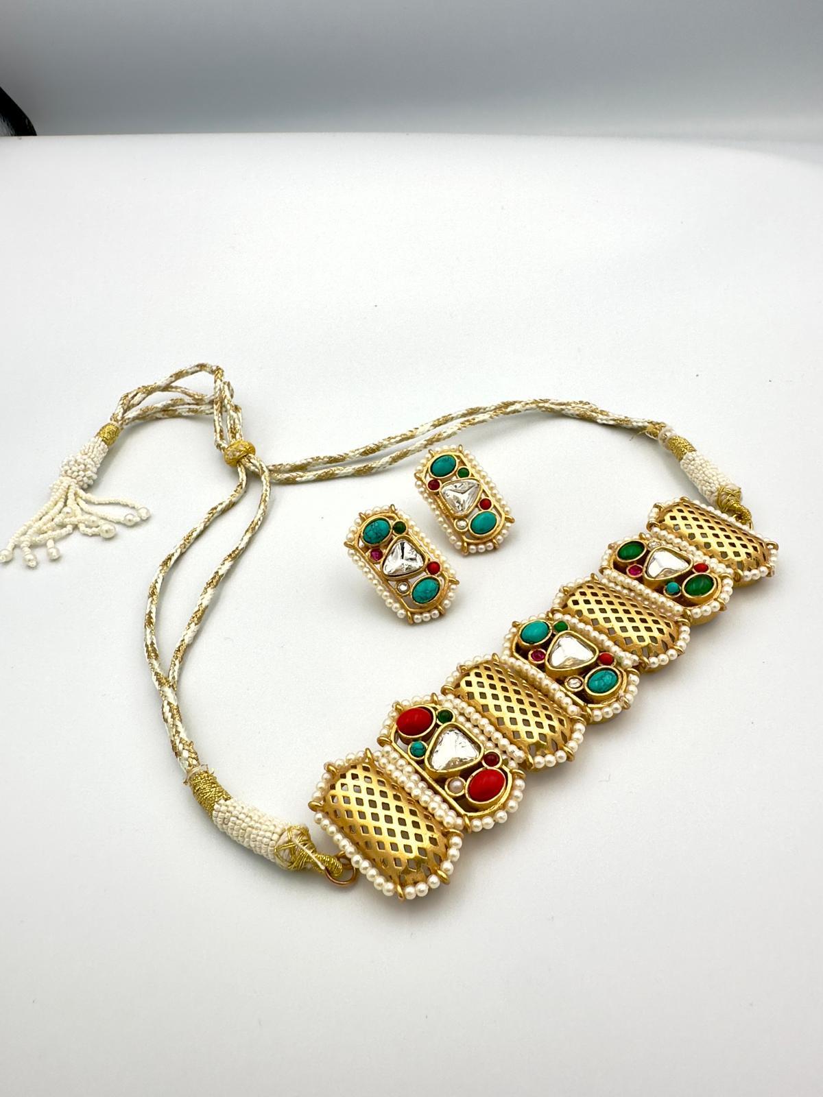 Traditional Indian designer fusion Necklace Set with Earrings - Gold Tone Jewelry for Women