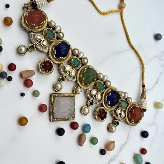Exquisite fusion Necklace set designer with Multicolor Stones and Pearls - Traditional Indian Jewelry