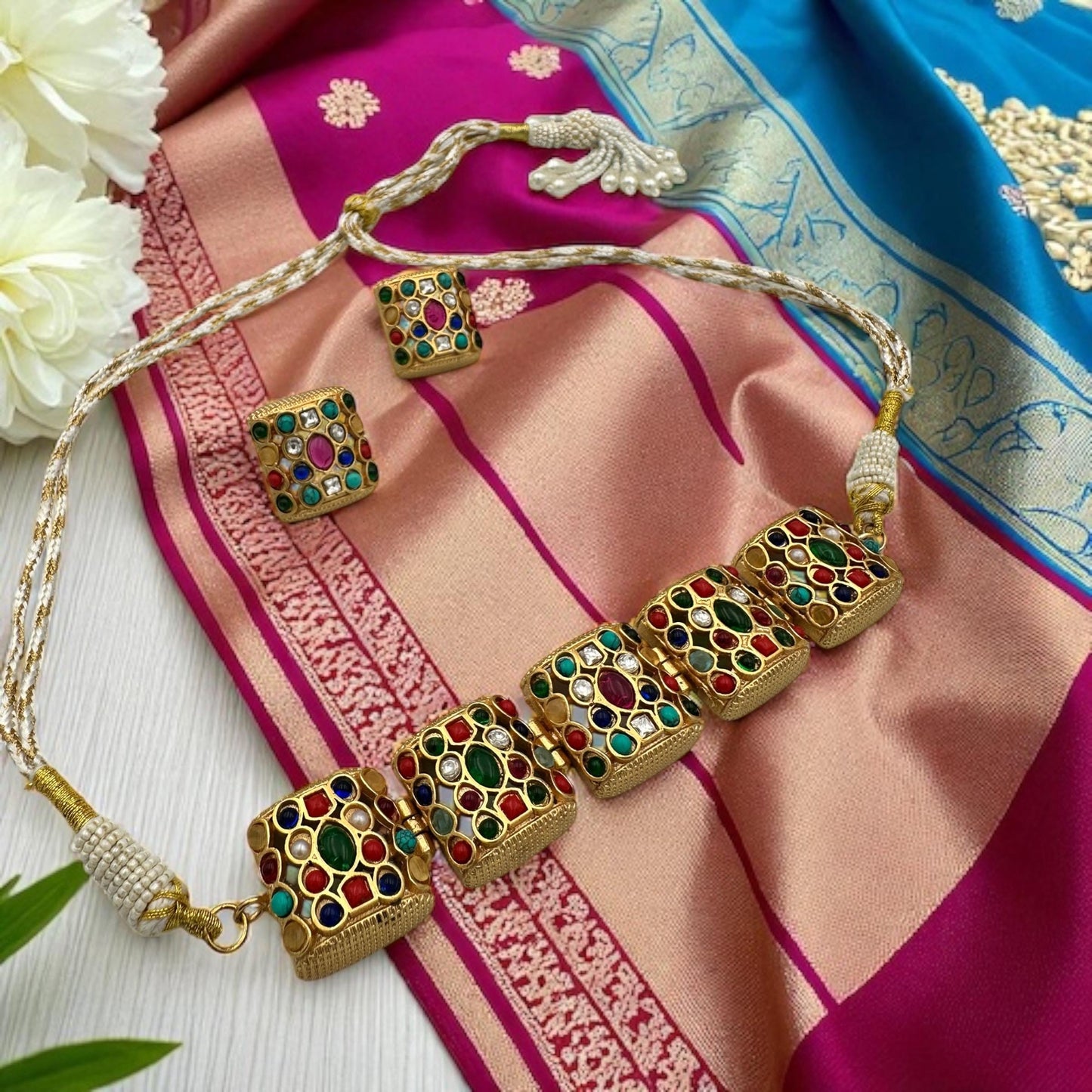 Multi color Kundan Necklace Set - Traditional Indian Jewelry