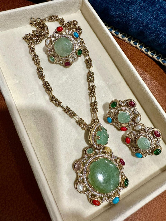 Elegant Pakistani Multani Naqshi Set - Gold-Toned Necklace, Earrings, and Ring with Multicolored Stones