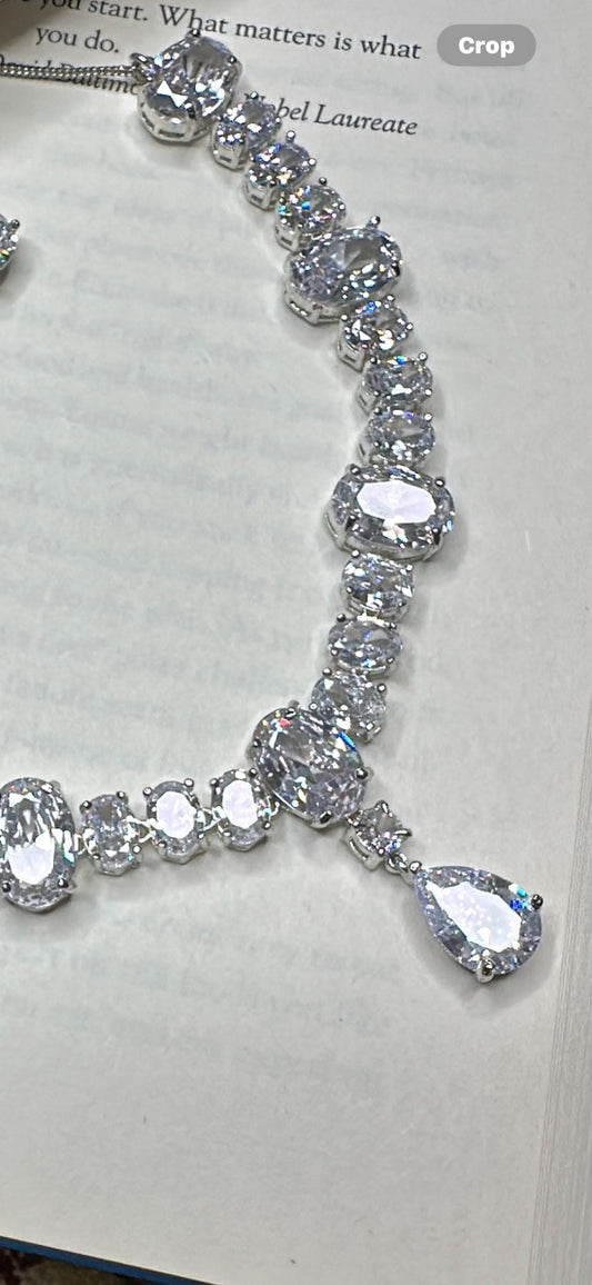 Wedding bridal solitaire cubic zarconia ad silver plated finish necklace set