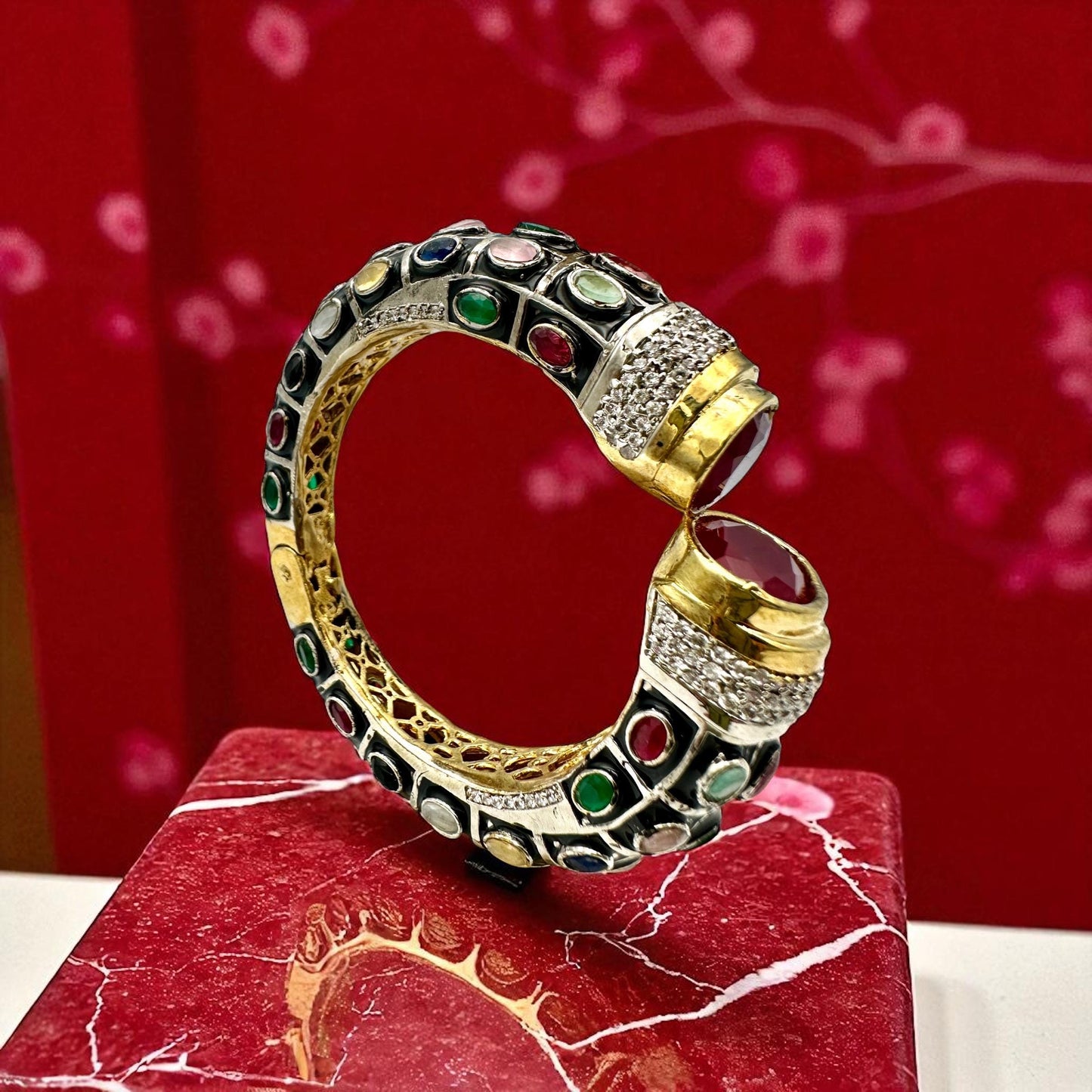 Mughal-Style Ruby Bangle, Kundan Polki Stones, Enamel Indian Kada