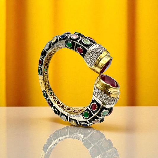 Mughal-Style Ruby Bangle, Kundan Polki Stones, Enamel Indian Kada