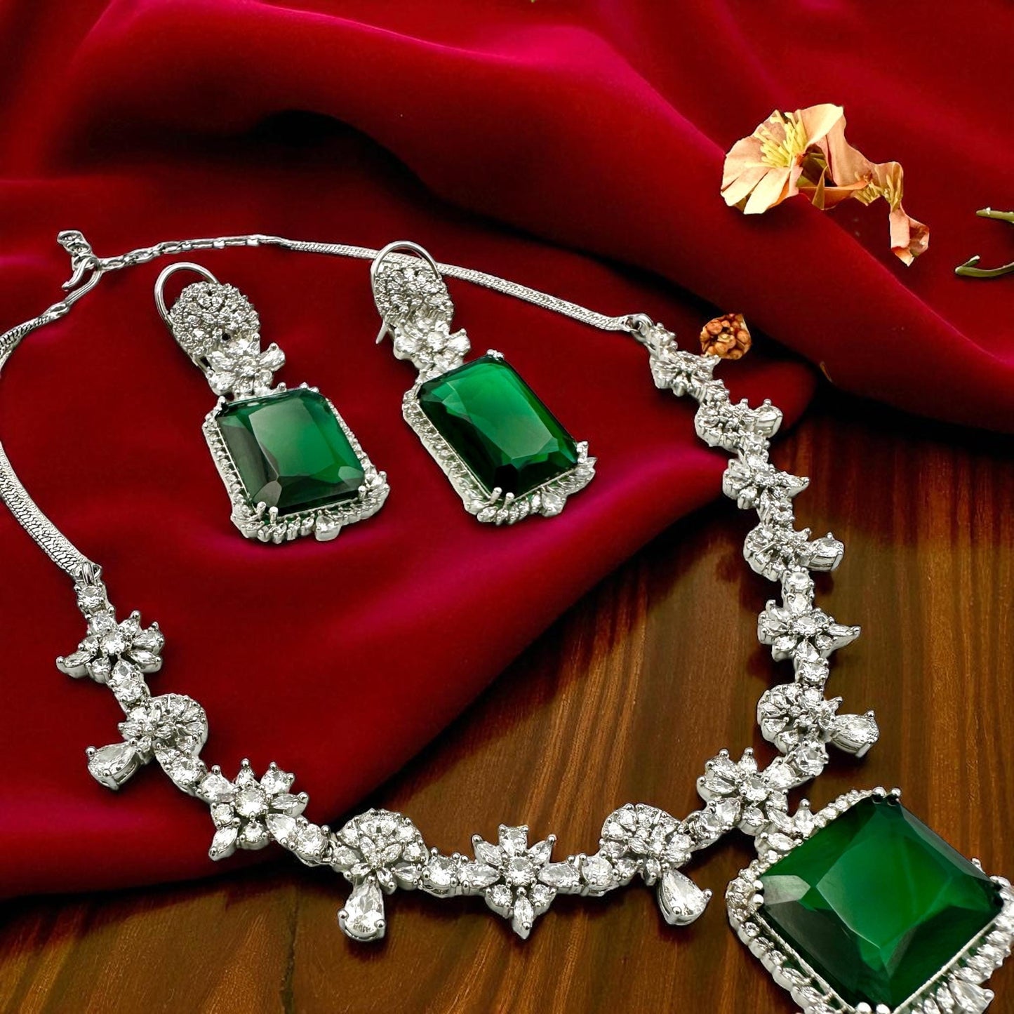 Bollywood Indian designer American daimond cubic zarconia AD set,green emerald stone
