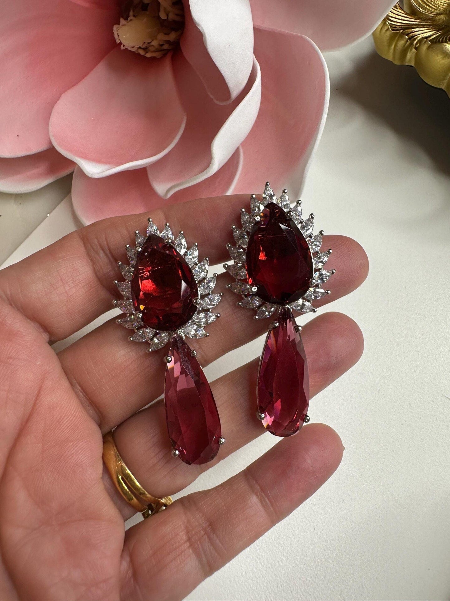 Victorian Style Ruby Red Drop Earrings, Silver Plated Zirconia