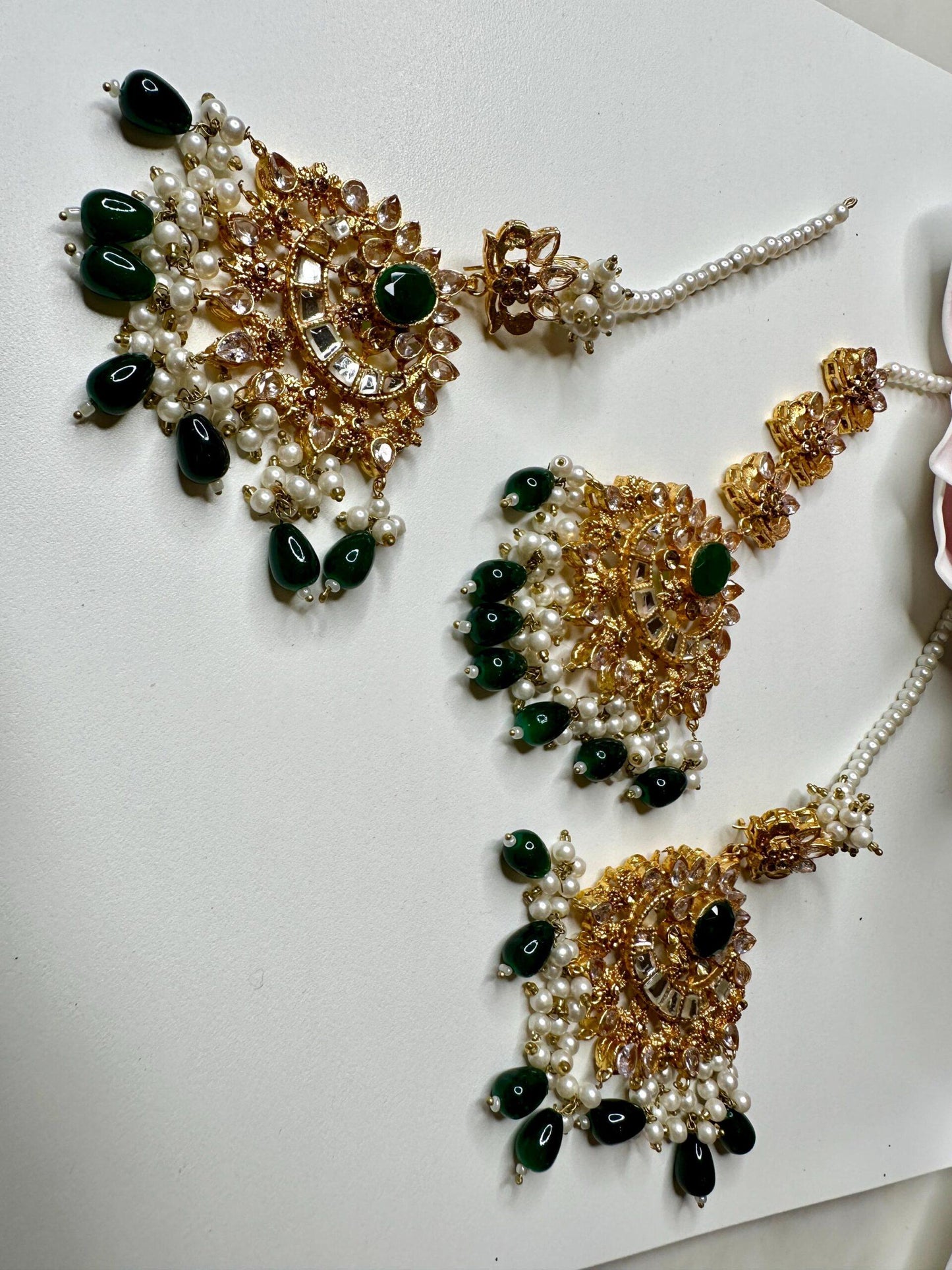 Bollywood Indian Designer Earrings and tikka set emerald green color gold plated