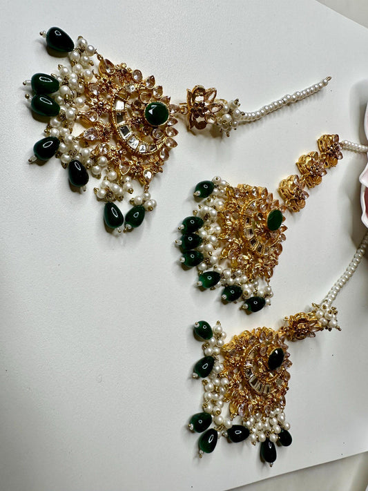 Bollywood Indian Designer Earrings and tikka set emerald green color gold plated