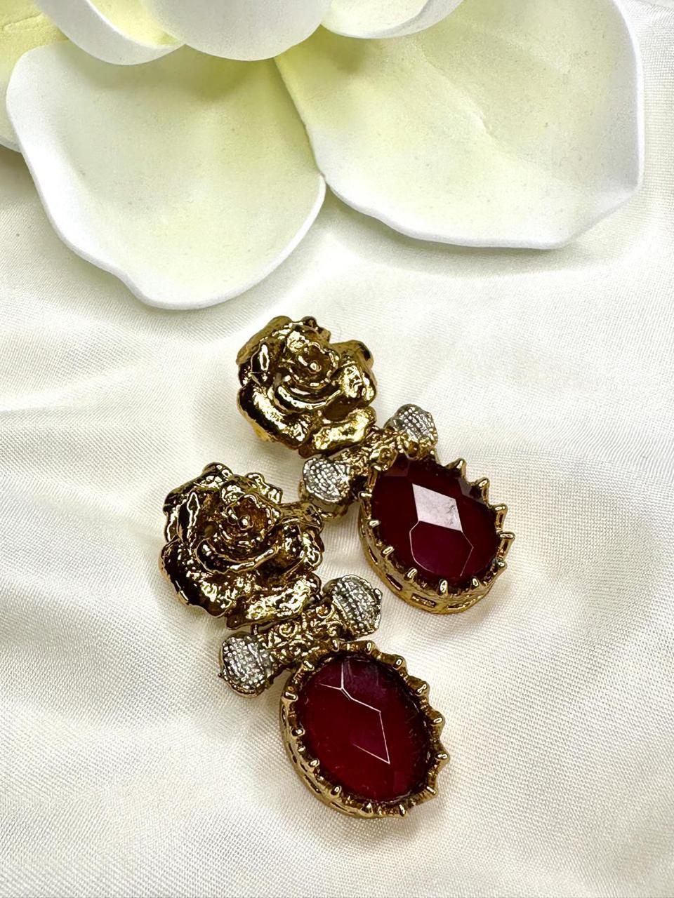 Elegant Gold-Toned Red Stone Rose Earrings - Luxurious Dangle Earrings for Women