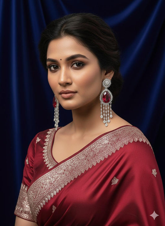 Luxury Ad Ruby Red Dangle Earrings with Sparkling Diamond Accents.