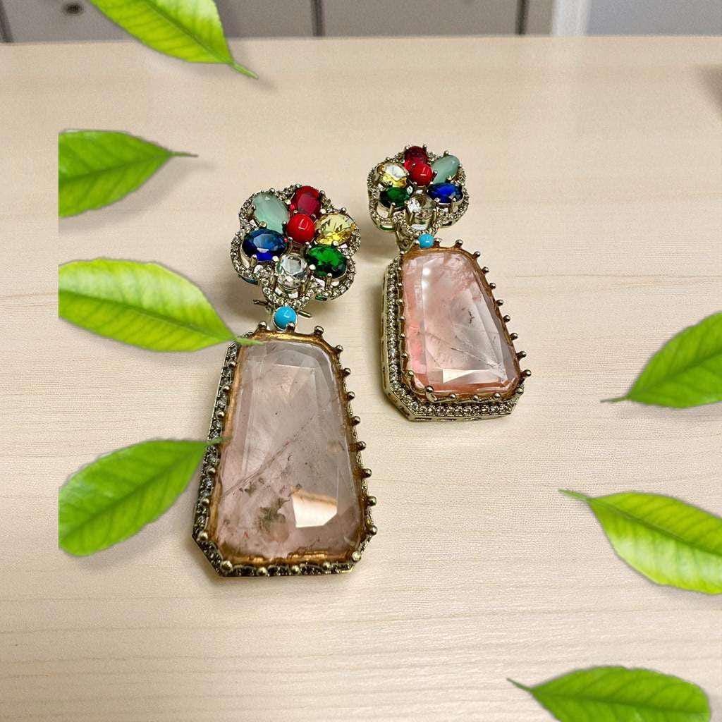 Bollywood Citrine Statement Earrings – Multicolor Gemstone Flower, Ethnic Jewelry