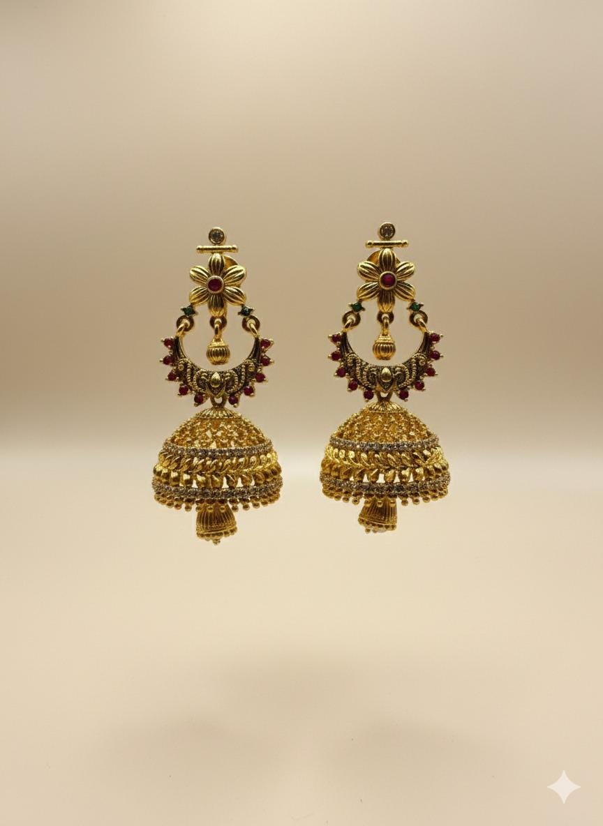 Traditional Gold-Tone Jhumka Earrings with Red & Green Ad Stones