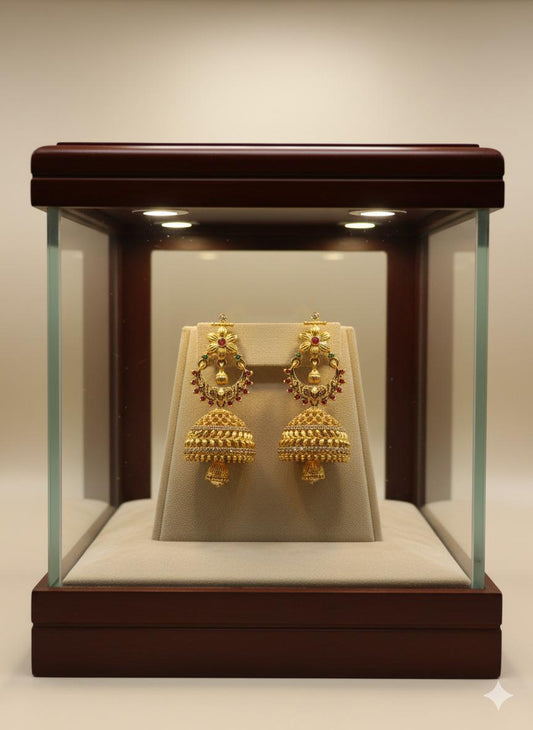 Traditional Gold-Tone Jhumka Earrings with Red & Green Ad Stones
