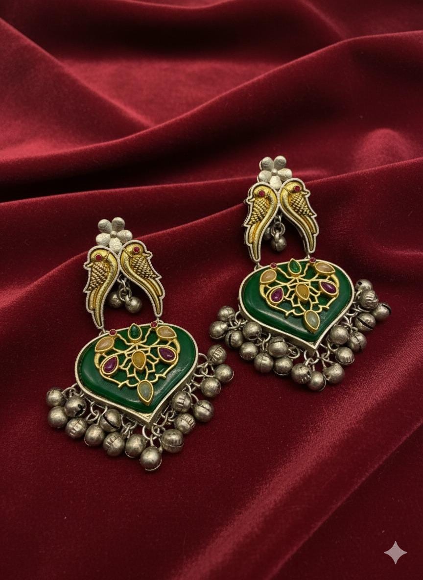 Luxury Bollywood style Green Heart Kundan Earrings with Peacock Motif
