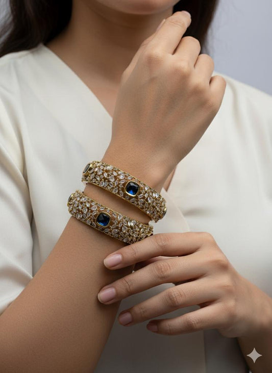 Gold-Plated CZ Bangles | Antique Sapphire Blue Stone Kada Set