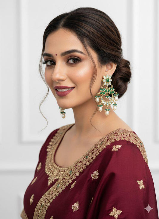 Emerald Green Kundan Chandbali Earrings | Indian Bridal Jewelry
