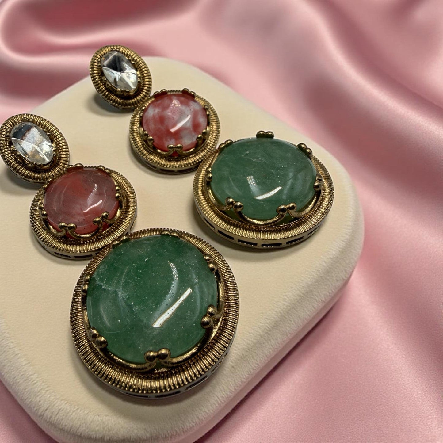 Gold-Tone mint & Pink with kundan Stone Statement Earrings | Elegant Party bold Jewelry