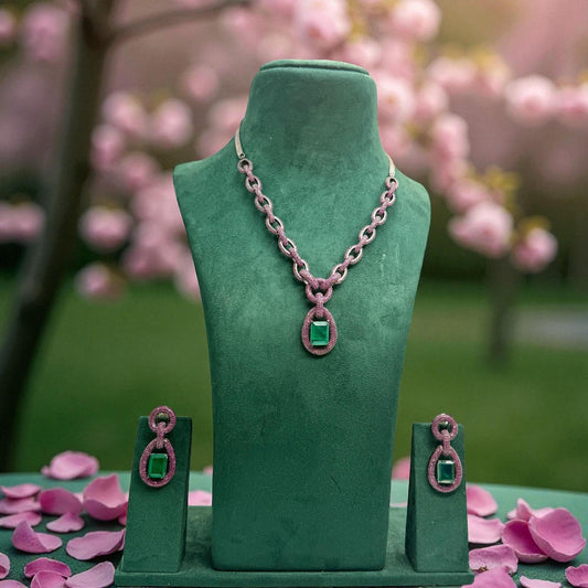 Emerald & Pink Sapphire Necklace with Earring Set - Silver Tone