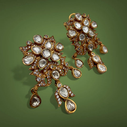 Bollywood Indian Designer monzonite medium length statement earrings gold finish,Victorian,Ad stones