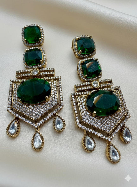 Emerald Green CZ Dangler Earrings | 22K Gold Plated Statement Earrings