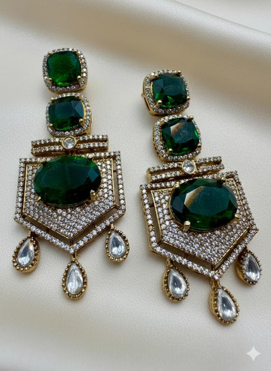 Emerald Green CZ Dangler Earrings | 22K Gold Plated Statement Earrings