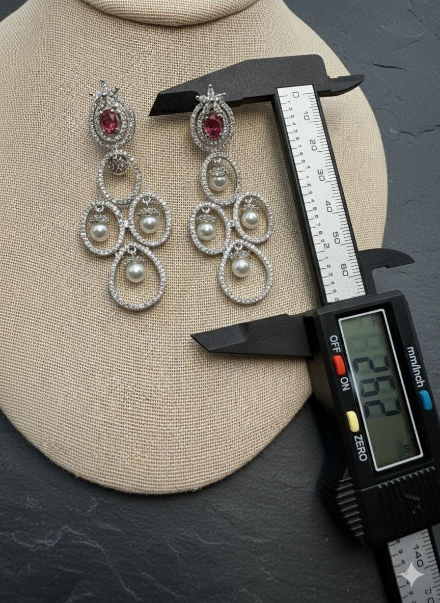 Silver CZ Pearl Drop Earrings | Ruby Crystal Bridal Dangler Earrings | Luxury Wedding Jewelry | Elegant Statement Earrings for Women