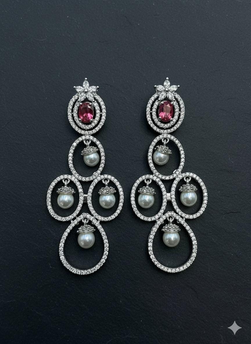 Silver CZ Pearl Drop Earrings | Ruby Crystal Bridal Dangler Earrings | Luxury Wedding Jewelry | Elegant Statement Earrings for Women
