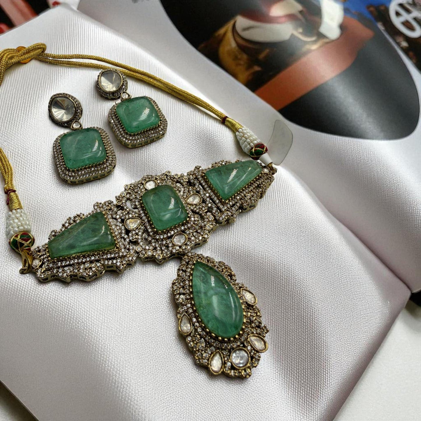 Mint Stone Choker Set, Gold-Toned Traditional Necklace and Earrings
