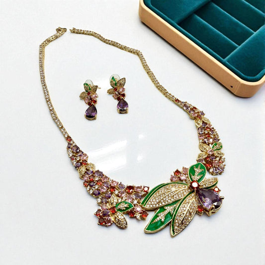 Designer Floral Necklace Set – Sapphire, AD Stones, Green Enamel