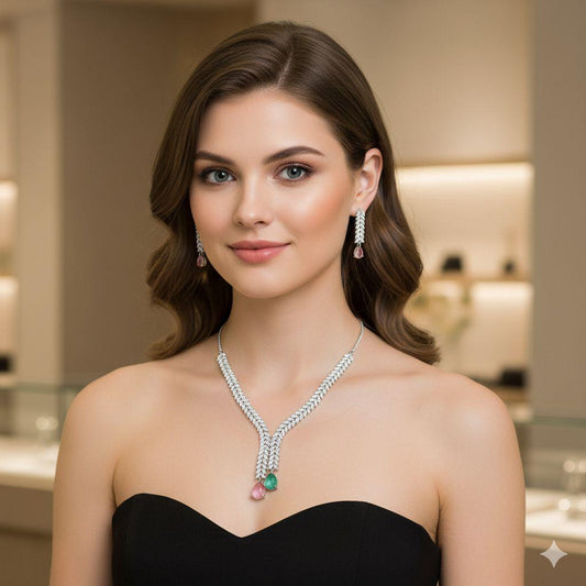 Elegant Silver finish Leaf Necklace Set | Long Crystal Necklace with Pink & Green Gem Drops | Wedding Party Jewelry | Handmade Statement Set