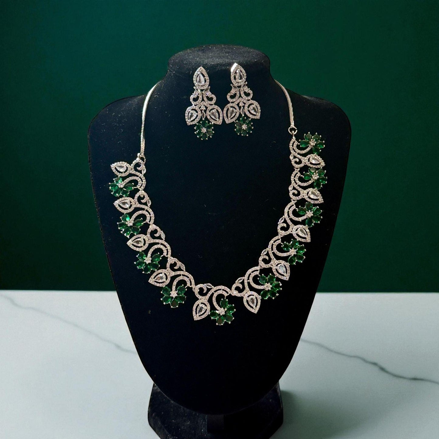 Emerald Green ad Cz Necklace earrings Set | Silver rhodium finish Bridal Jewelry with Earrings | Leaf Design Statement | Wedding,Gift.