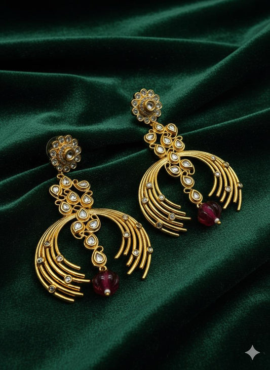 Gold Kundan Jhumka Earrings with CZ & Red Bead