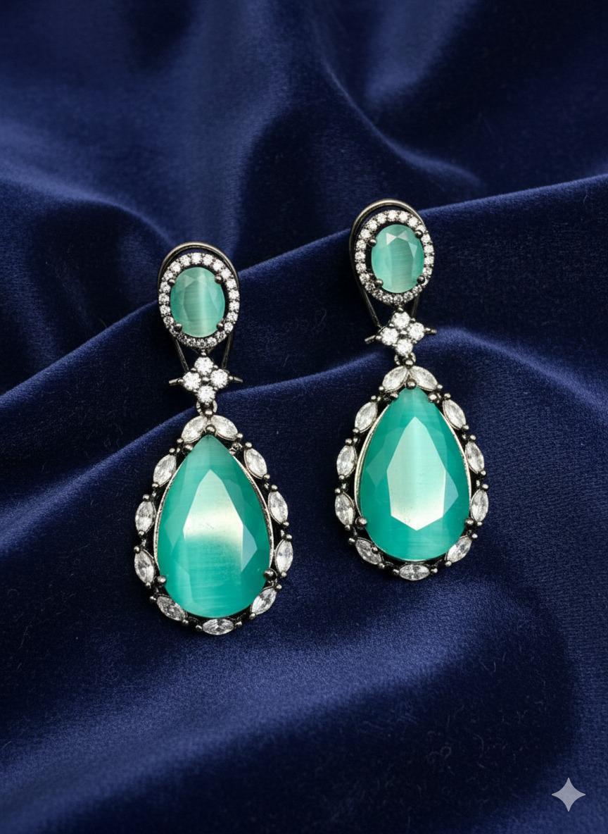 Teal Cz/Ad stone Earrings India | Diamond Accents | Elegant Evening Wear