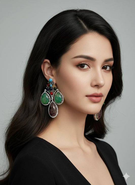 Multicolor Gemstone Drop Earrings | Green Stone Dangle Earrings | Statement Silver Plated Jewelry