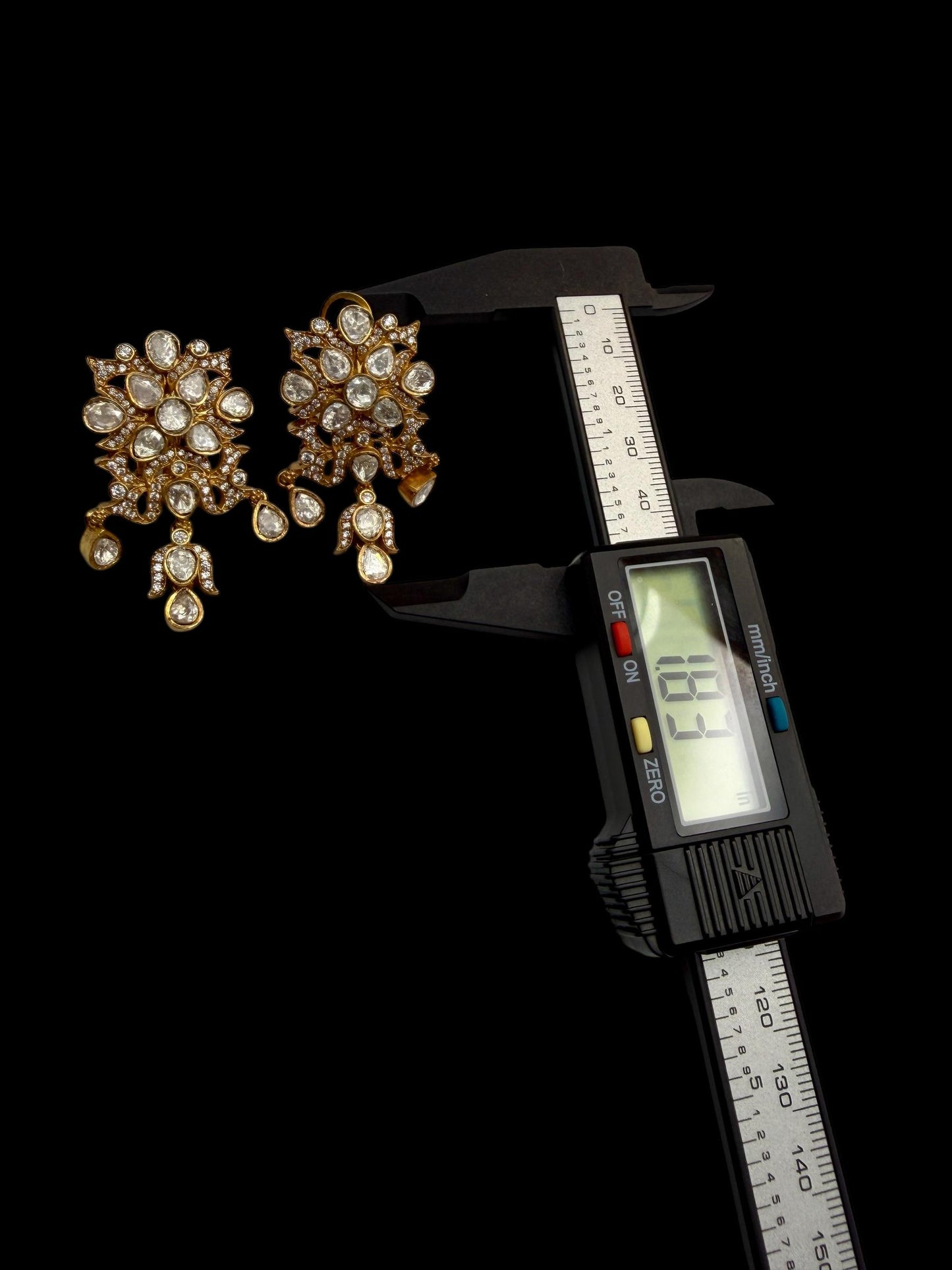 Bollywood Indian Designer monzonite medium length statement earrings gold finish,Victorian,Ad stones