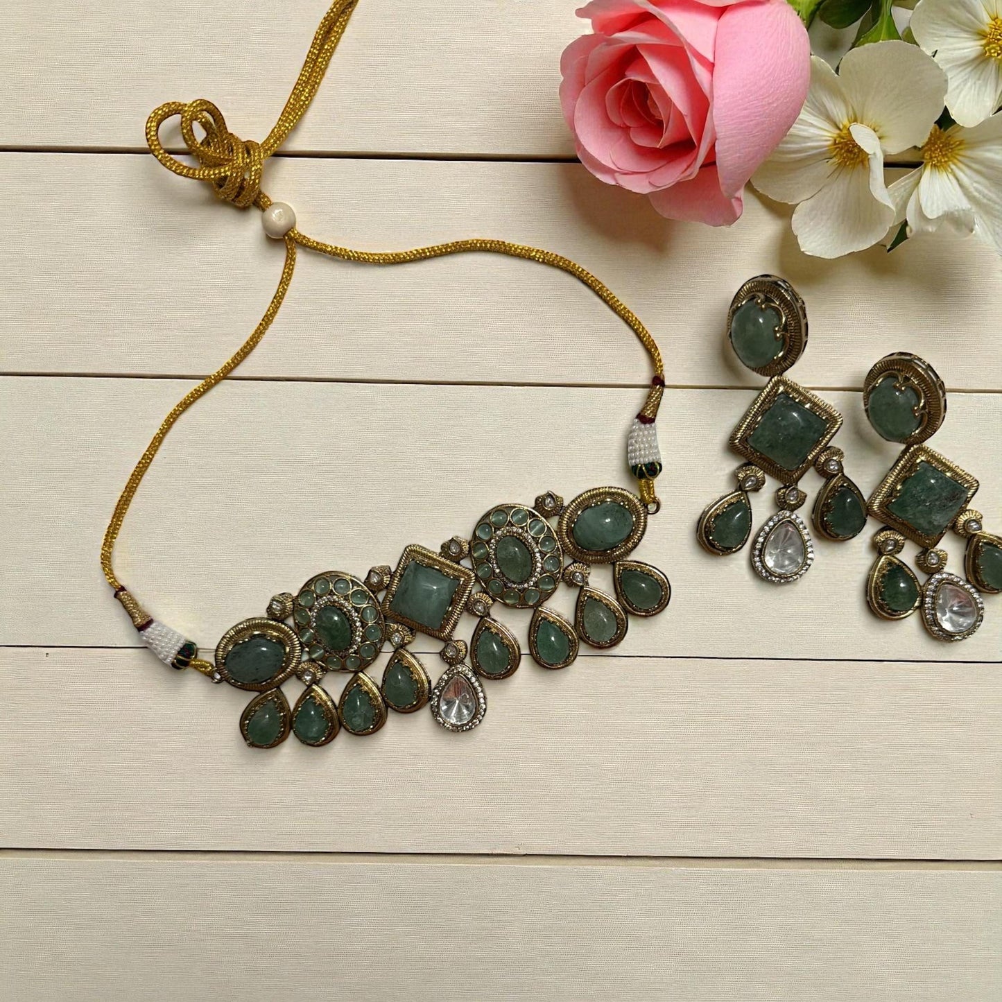 Sabya sachi fusión Necklace Set – Light Green Stone Indian Jewelry