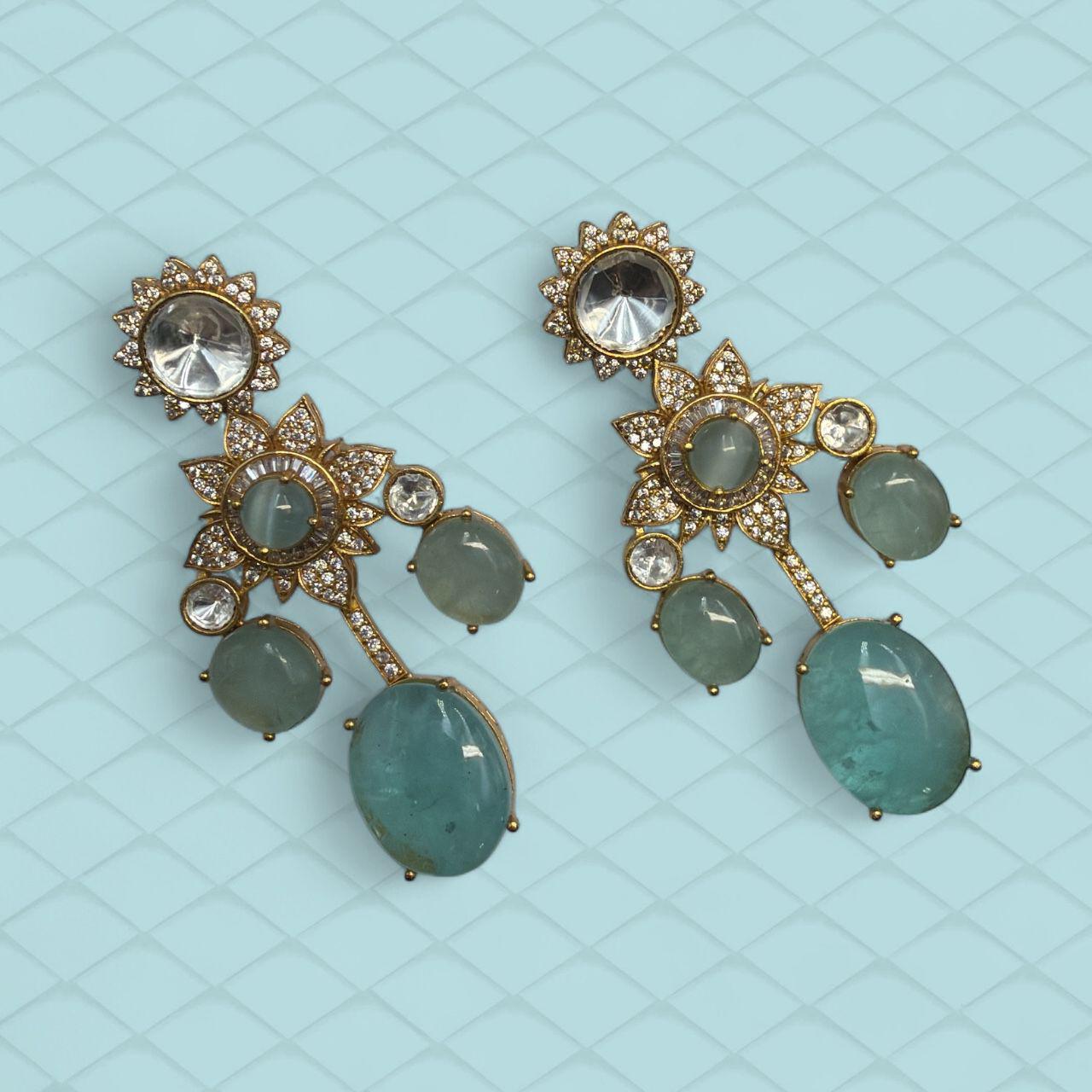 Aqua Green Cz Stone Earrings | Gold Floral Drop Earrings | Handmade Statement Jewelry