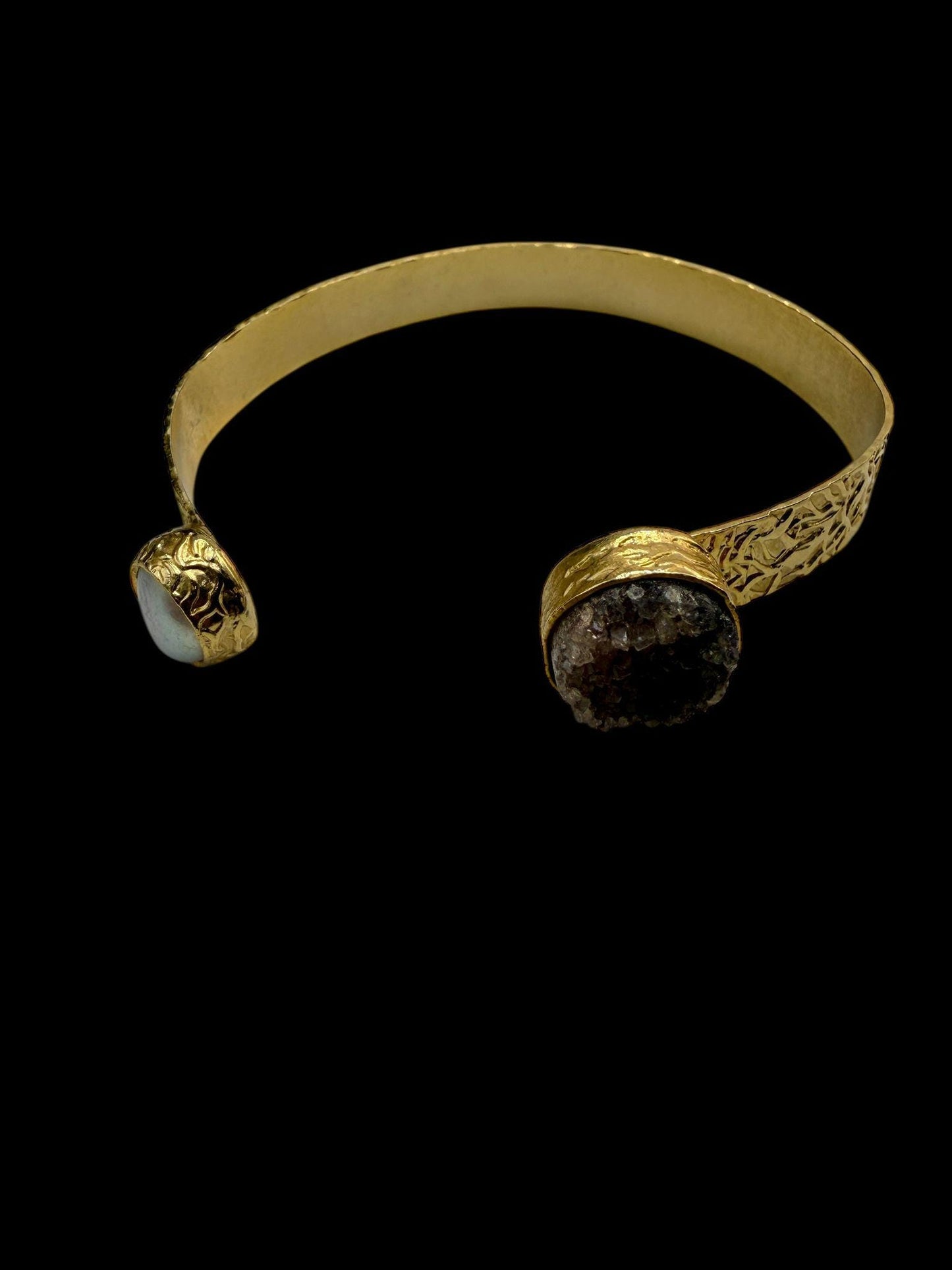 Gold Textured Open Cuff Bracelet | Raw Stone Adjustable Bangle | Handmade Boho Chic Statement Jewelry