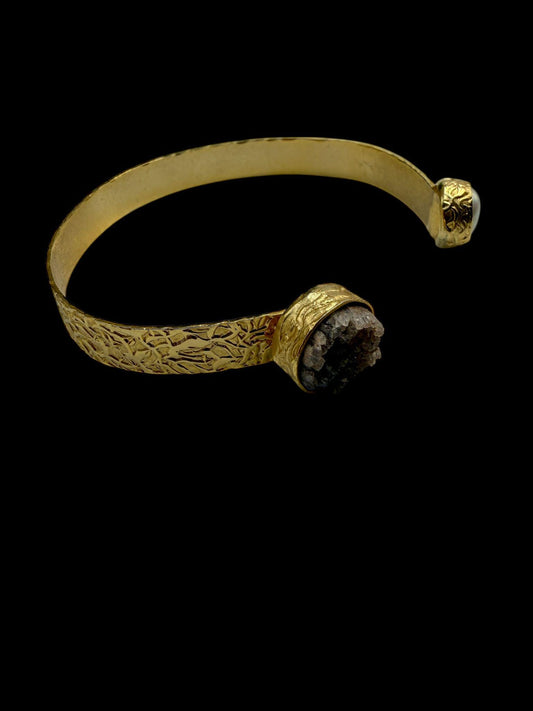 Gold Textured Open Cuff Bracelet | Raw Stone Adjustable Bangle | Handmade Boho Chic Statement Jewelry