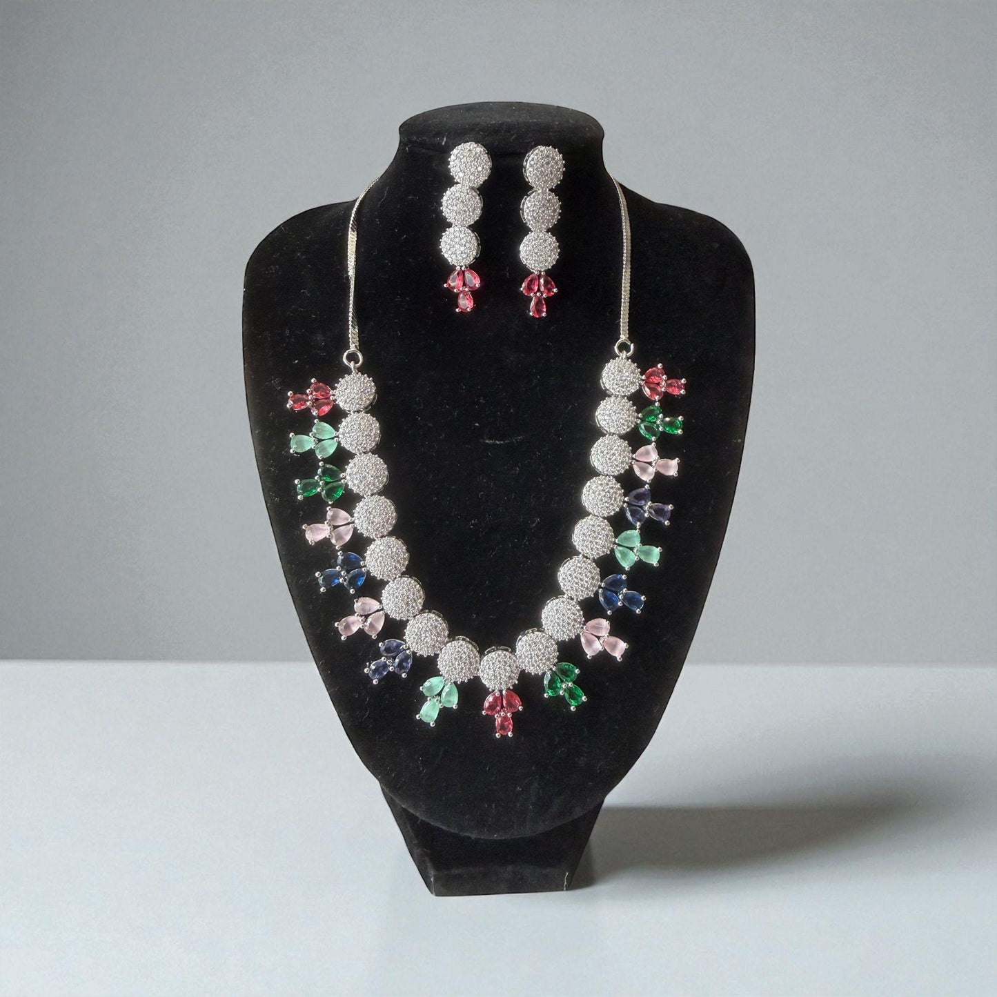 Multicolor Crystal Cz Necklace Set | Silver-Plated Statement Jewelry with Earrings | Handmade Luxury Bridal Necklace | Elegant Gift for Her