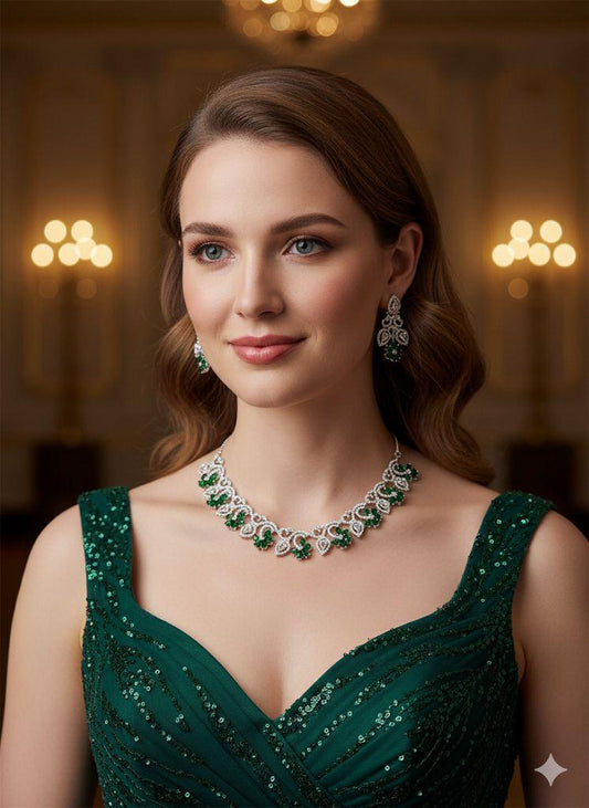 Emerald Green ad Cz Necklace earrings Set | Silver rhodium finish Bridal Jewelry with Earrings | Leaf Design Statement | Wedding,Gift.