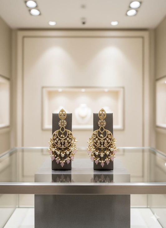 Pink Kundan Pearl Drop Earrings | Indian Bridal Statement Earrings | Gold-Plated Ethnic Jewelry | Wedding & Party Wear Earrings