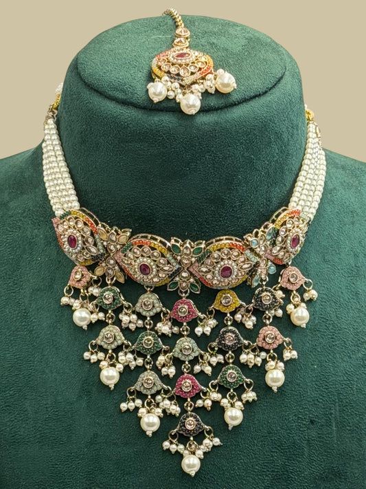 Kundan Pearl & Ruby Bridal Necklace Set | Indian Wedding Jewelry with Jhumka Earrings and Maang Tikka | Gold-Plated Choker for Brides