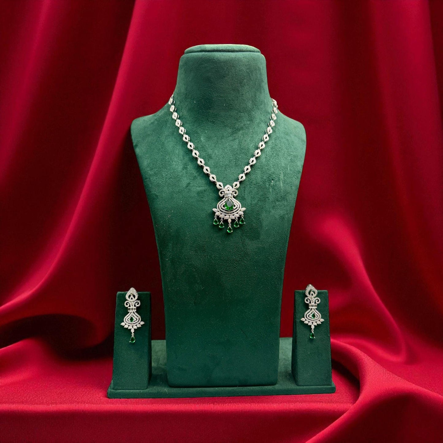 Silver Emerald Green Necklace Set | Indian ad Jewelry | Bridal Wedding Necklace with Earrings
