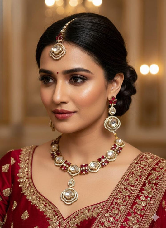 Kundan Bridal Jewelry Set | Red Stone Necklace with Earrings & Maang Tikka | Indian Wedding Jewelry