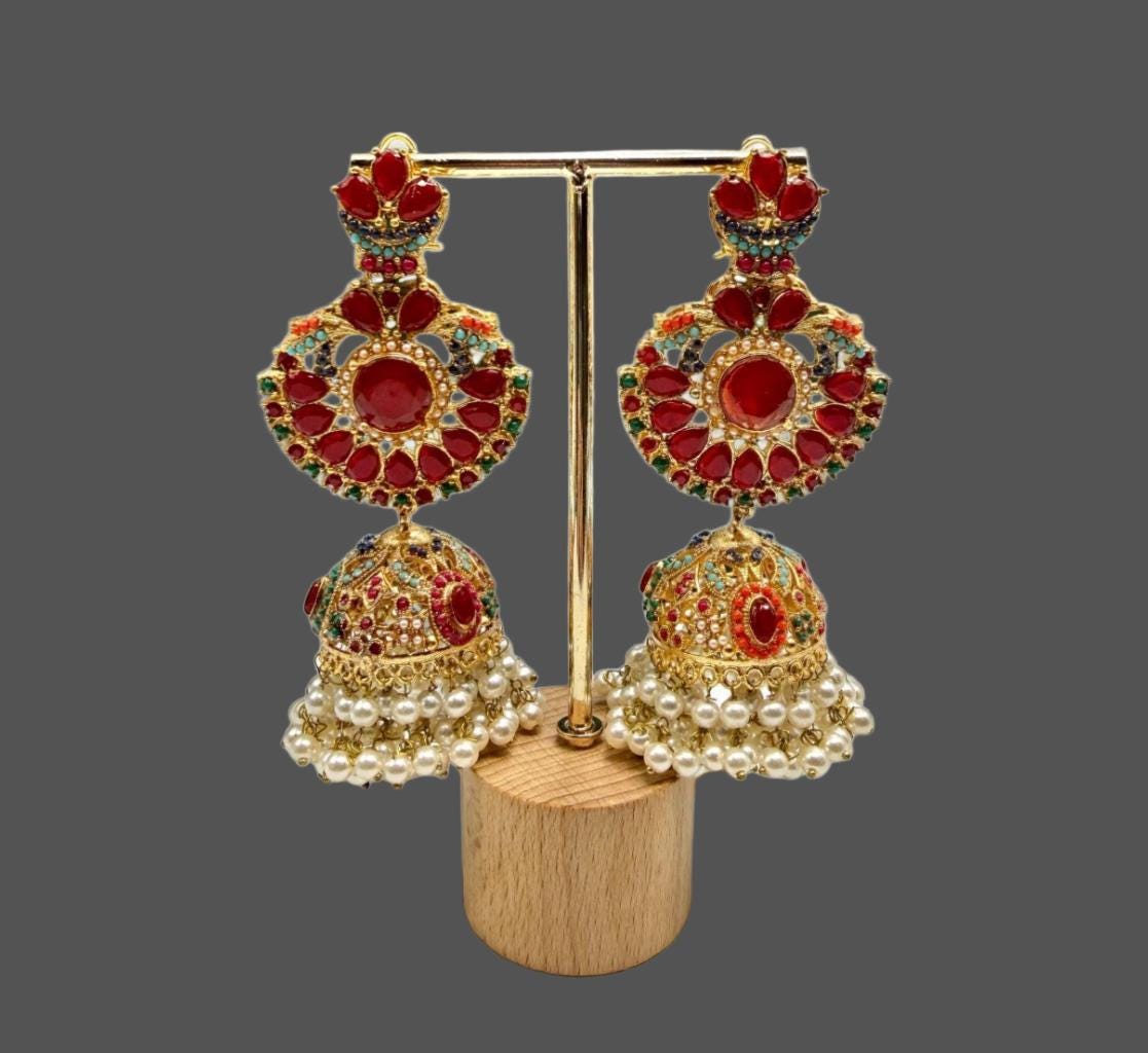 Red Jadao Jhumka Earrings | Gold Plated Pearl Dangle Earrings | Bridal Indian Traditional Jewelry