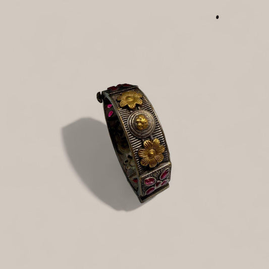 Antique Floral Bangle | Oxidized Silver Gold Bracelet | Vintage Handmade Boho Jewelry with Red Gemstones